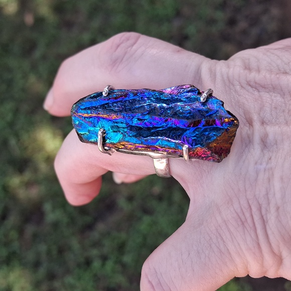 New Rough Rainbow Titanium Crystal Quartz 925 Silver Statement Ring. - Picture 4 of 15